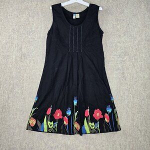 Sahalie Womens Sleeveless Embroidered Black Floral Dress S 100% Cotton A-Line
